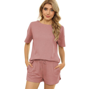 Spring and Summer Short Sleeve Two-Piece Threaded Sports Round Neck Casual Solid Color PA102