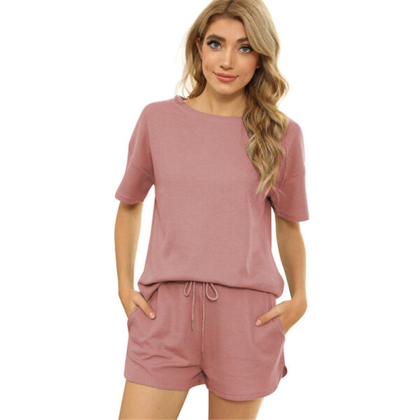 Spring and Summer Short Sleeve Two-Piece Threaded Sports Round Neck Casual Solid Color PA102