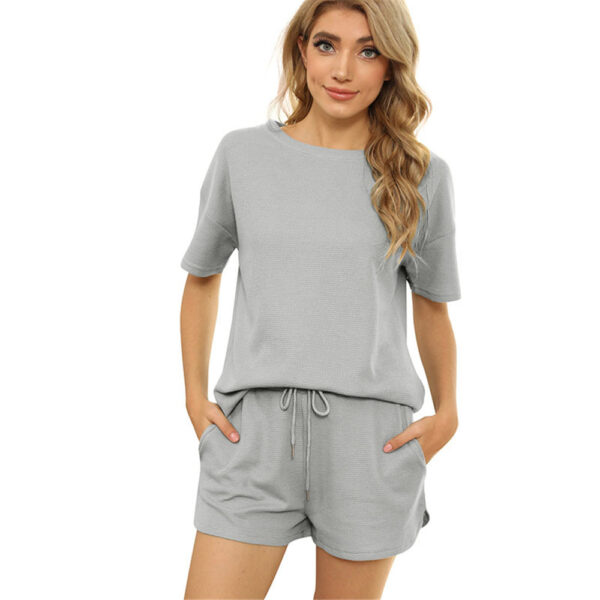 Spring and Summer Short Sleeve Two-Piece Threaded Sports Round Neck Casual Solid Color PA102 - Image 2