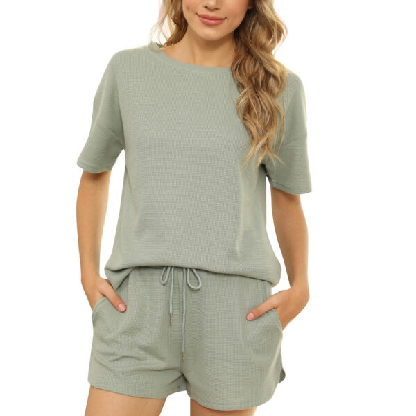 Spring and Summer Short Sleeve Two-Piece Threaded Sports Round Neck Casual Solid Color PA102 - Image 4